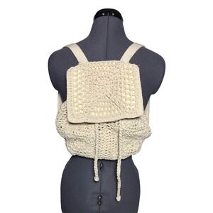 Crochet Backpack Cottagecore Boho Festival Drawstring Cotton Cream STAINED